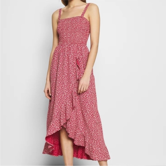 Hollister Dresses & Skirts - Hollister Red Floral Sundress Smocked Bodice Women’s High-Low Flowy Maxi Dress
